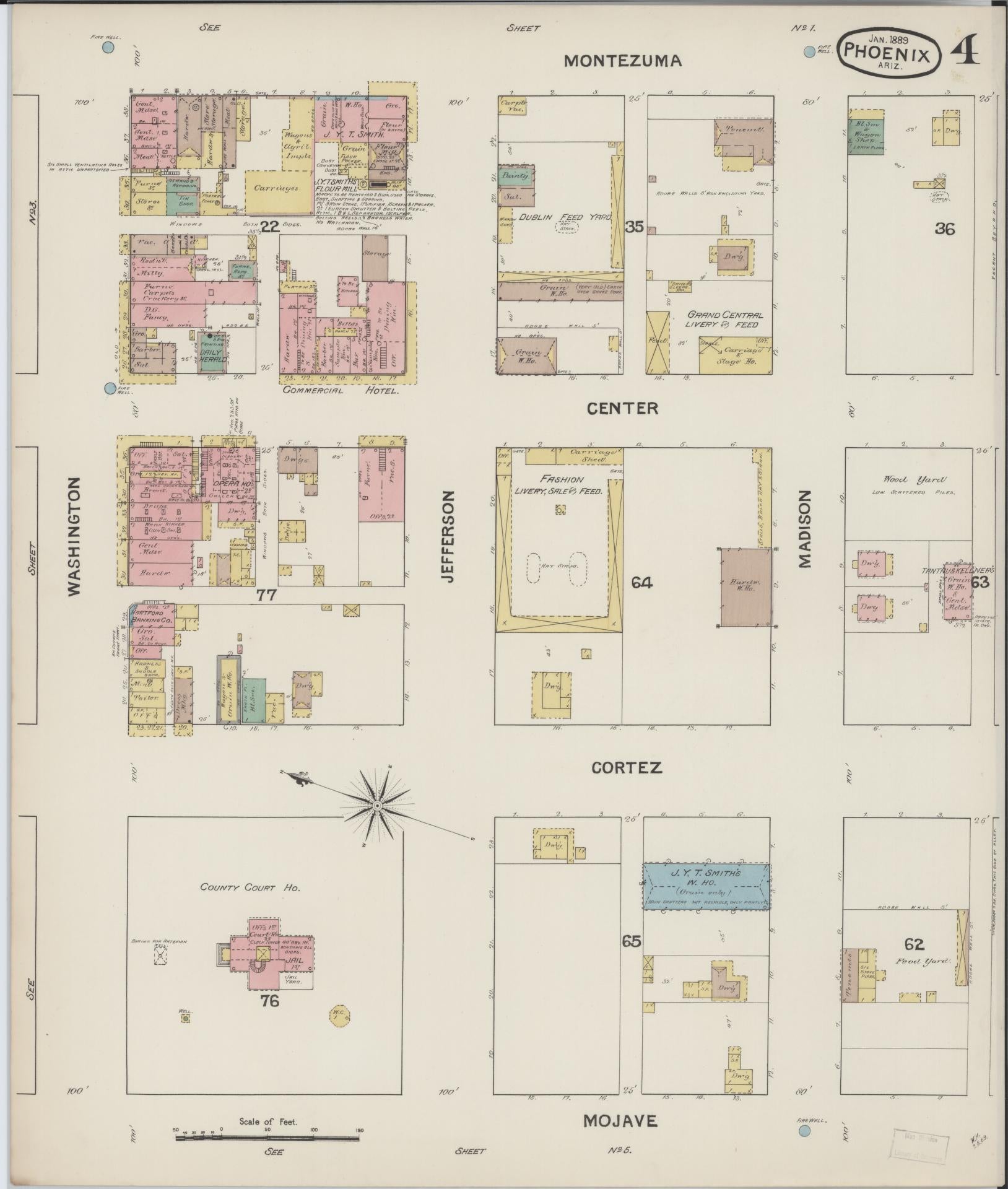 Sanborn Fire Insurance Map from Phoenix, Maricopa County, Arizona (1889), Sheet #0004 - Complete Map Set gallery image, historic Sanborn map, vintage wall art, Arizona Arizona
