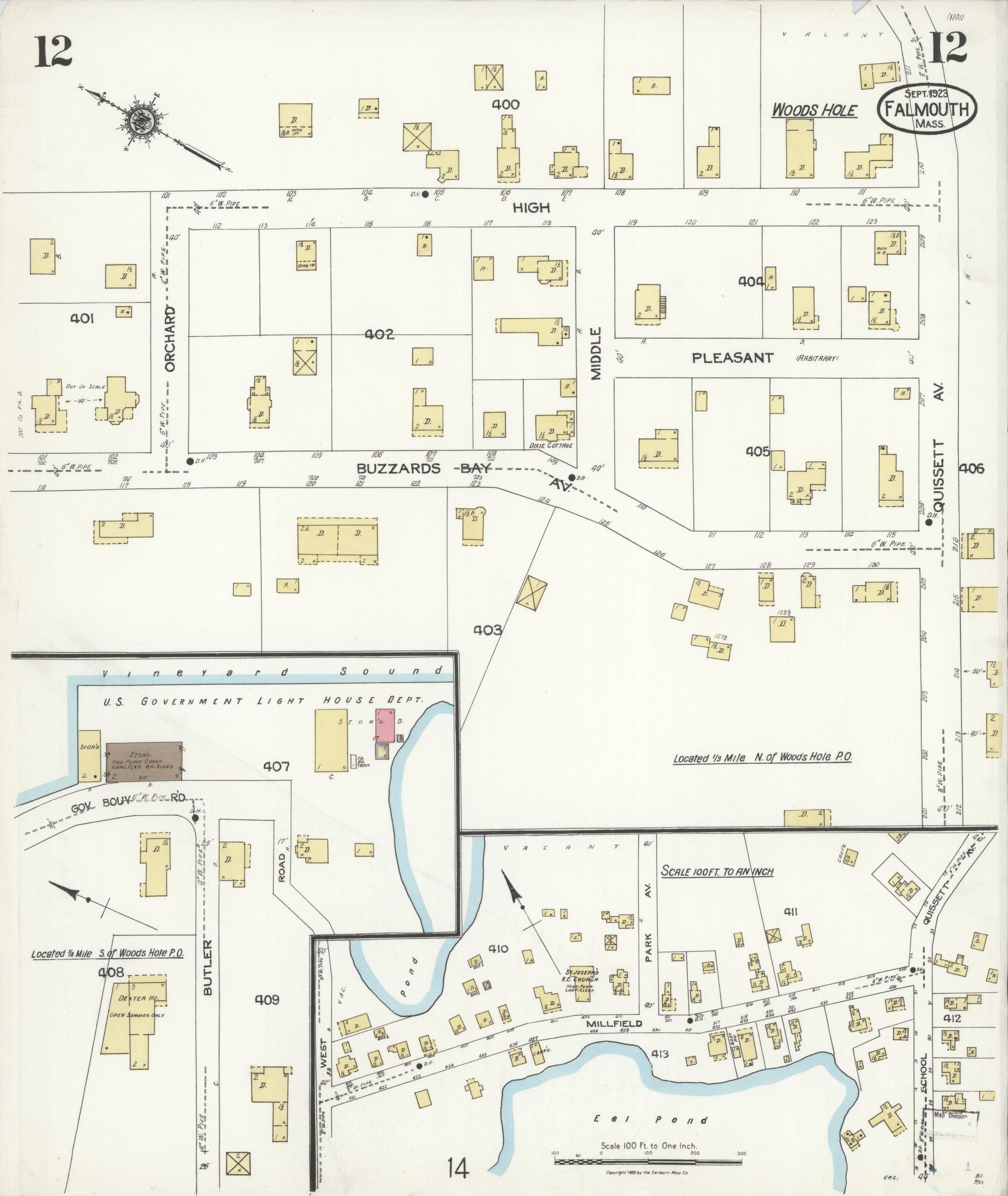 Sanborn Fire Insurance Map from Falmouth, Barnstable County, Massachusetts (1923), Sheet #0012 - Historic Sanborn Fire Insurance Map Print, vintage old map wall art, antique decor, genealogy gift, Massachusetts Massachusetts map