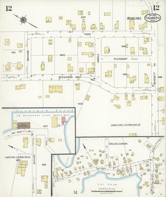 Sanborn Fire Insurance Map from Falmouth, Barnstable County, Massachusetts (1923), Sheet #0012 - Historic Sanborn Fire Insurance Map Print, vintage old map wall art, antique decor, genealogy gift, Massachusetts Massachusetts map