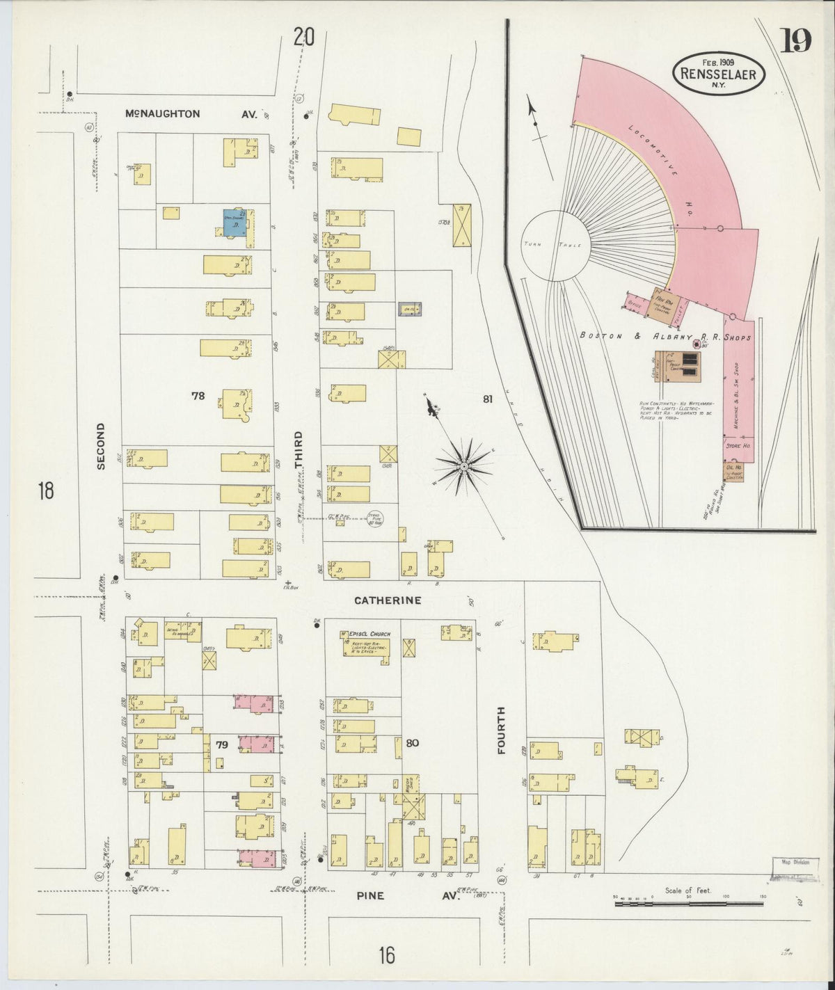 Sanborn Fire Insurance Map from Rensselaer, Rensselaer County, New York (1909), Sheet #0019 - Historic Sanborn Fire Insurance Map Print, vintage old map wall art, antique decor, genealogy gift, New York New York map