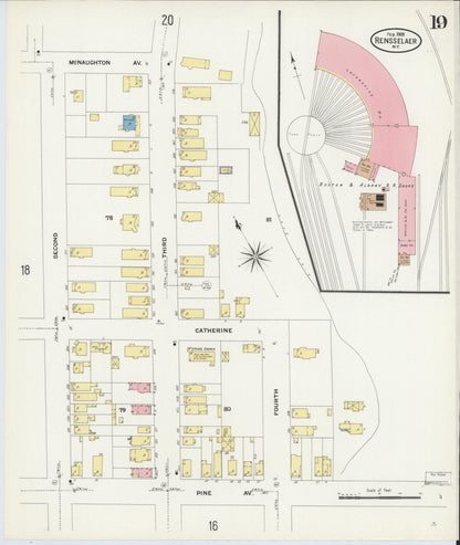 Sanborn Fire Insurance Map from Rensselaer, Rensselaer County, New York (1909), Sheet #0019 - Historic Sanborn Fire Insurance Map Print, vintage old map wall art, antique decor, genealogy gift, New York New York map