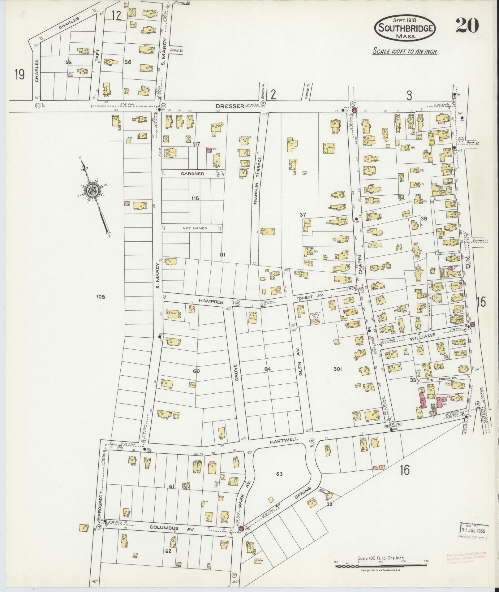 Sanborn Fire Insurance Map from Southbridge, Worcester County, Massachusetts (1918), Sheet #0020 - Historic Sanborn Fire Insurance Map Print, vintage old map wall art, antique decor, genealogy gift, Massachusetts Massachusetts map