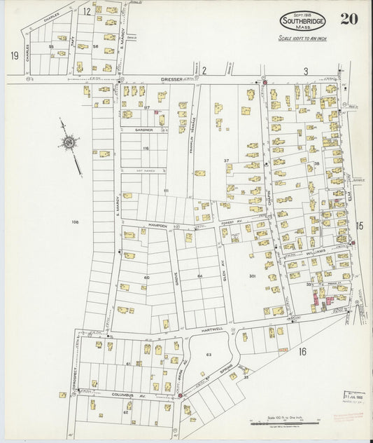 Sanborn Fire Insurance Map from Southbridge, Worcester County, Massachusetts (1918), Sheet #0020 - Historic Sanborn Fire Insurance Map Print, vintage old map wall art, antique decor, genealogy gift, Massachusetts Massachusetts map