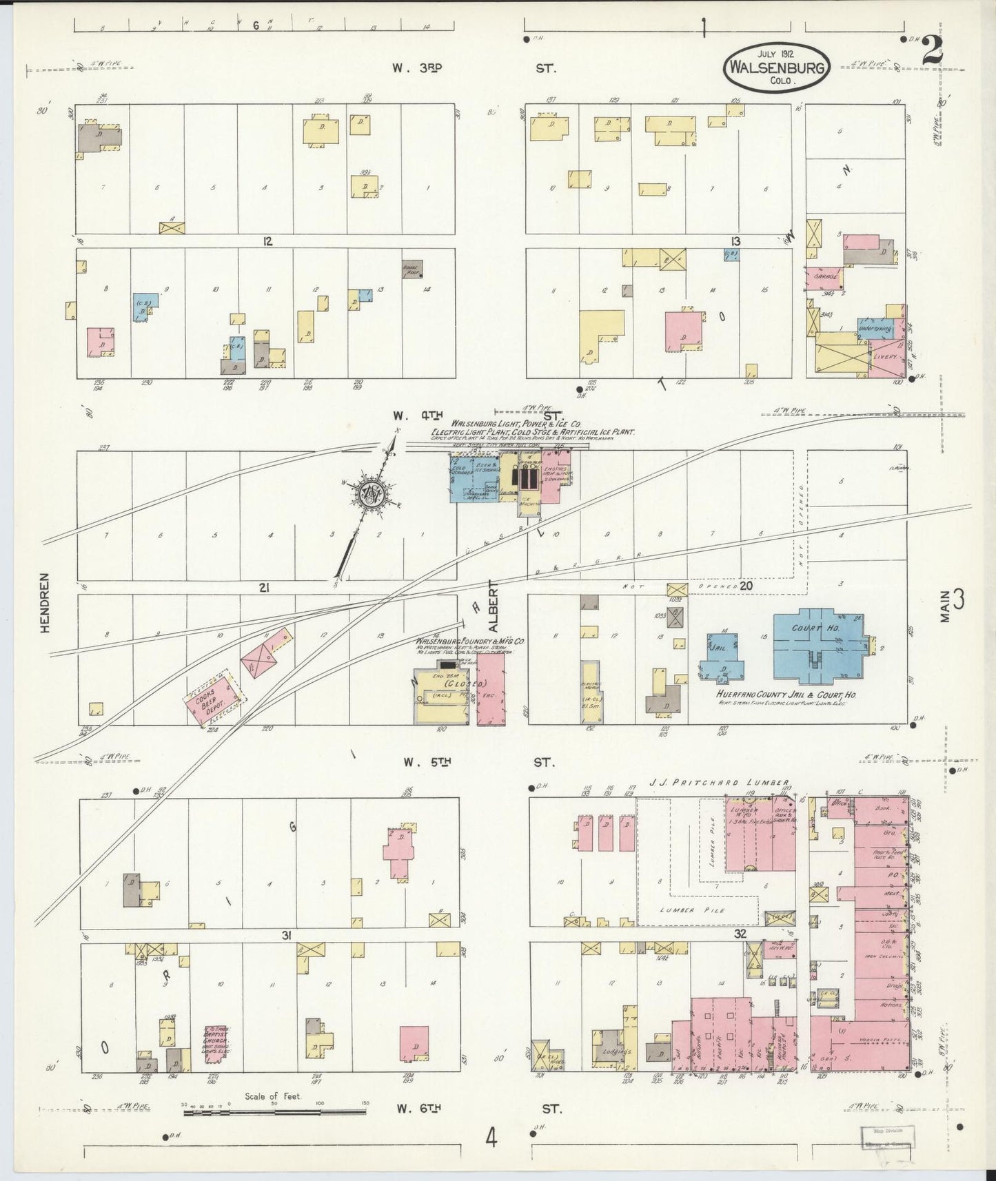 Sanborn Fire Insurance Map from Walsenburg, Huerfano County, Colorado (1912), Sheet #0002 - Historic Sanborn Fire Insurance Map Print, vintage old map wall art, antique decor, genealogy gift, Colorado Colorado map