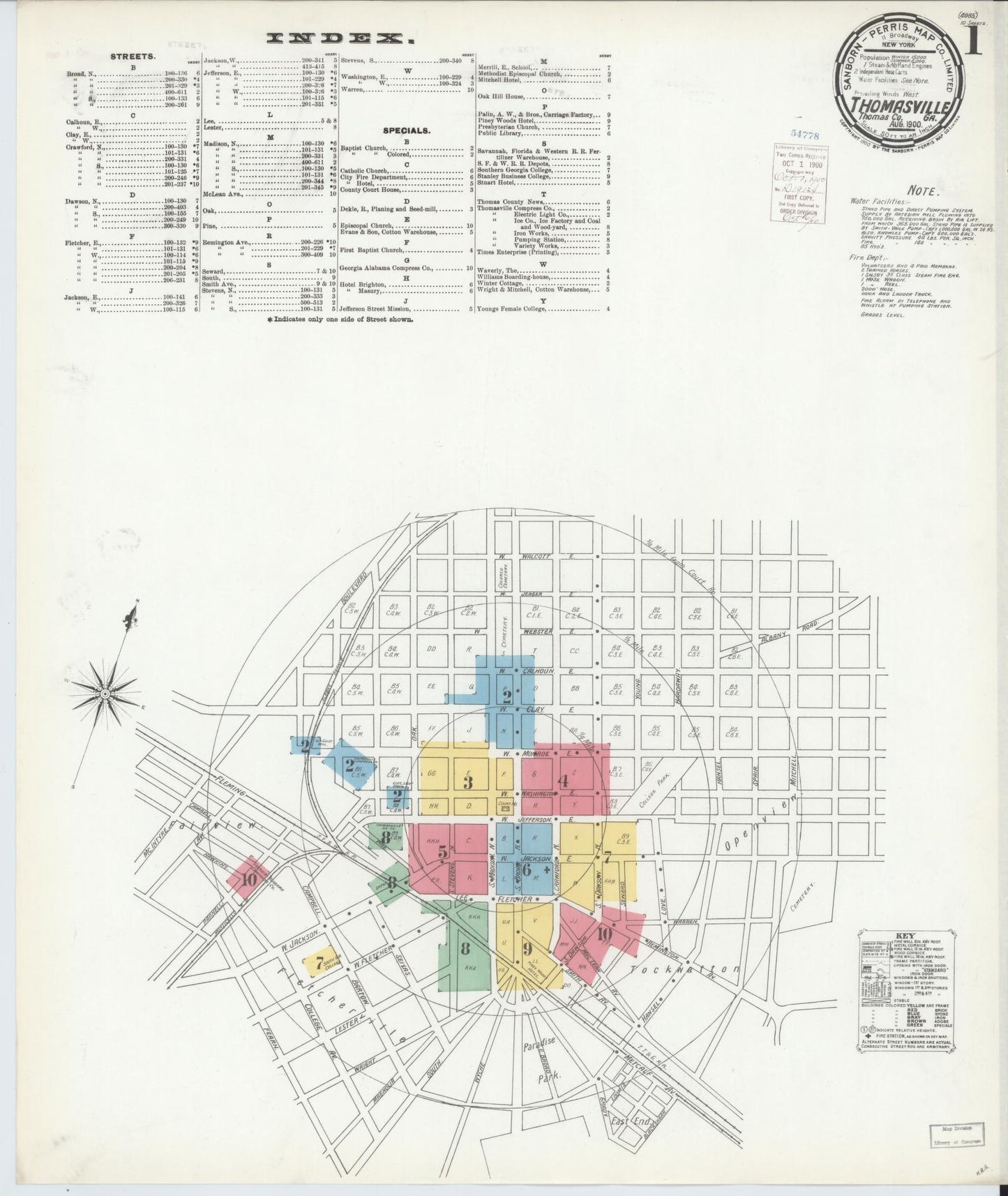 Sanborn Fire Insurance Map from Thomasville, Thomas County, Georgia (1900), Sheet #0001 - Historic Sanborn Fire Insurance Map Print, vintage old map wall art, antique decor, genealogy gift, Georgia Georgia map