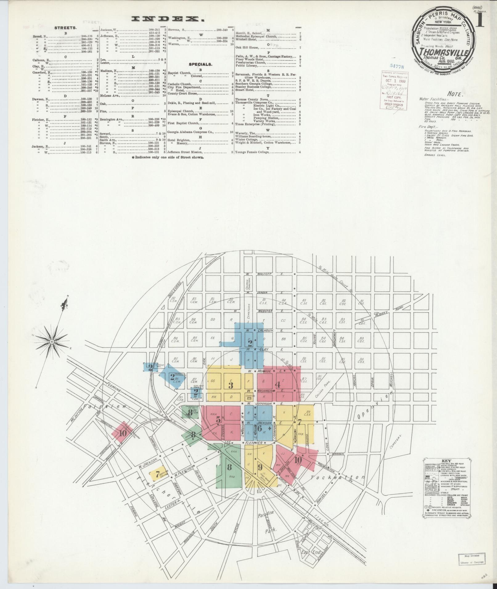 Sanborn Fire Insurance Map from Thomasville, Thomas County, Georgia (1900), Sheet #0001 - Historic Sanborn Fire Insurance Map Print, vintage old map wall art, antique decor, genealogy gift, Georgia Georgia map