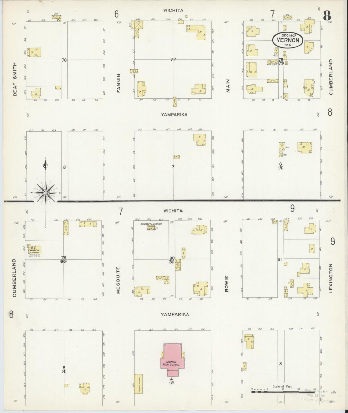 Sanborn Fire Insurance Map from Vernon, Wilbarger County, Texas (1907), Sheet #0008 - Complete Map Set gallery image, historic Sanborn map, vintage wall art, Texas Texas