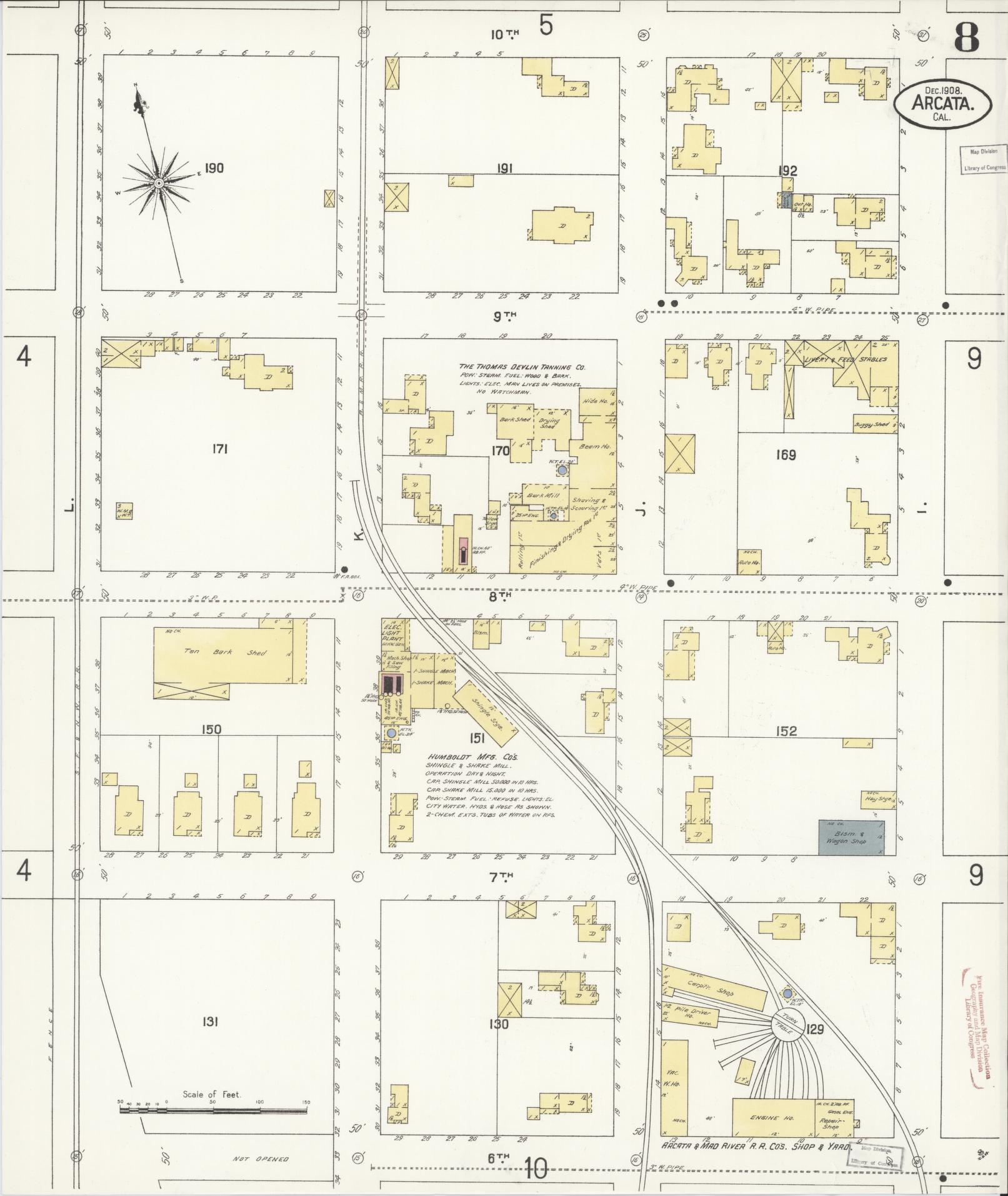Sanborn Fire Insurance Map from Arcata, Humboldt County, California (1908), Sheet #0008 - Historic Sanborn Fire Insurance Map Print, vintage old map wall art, antique decor, genealogy gift, California California map