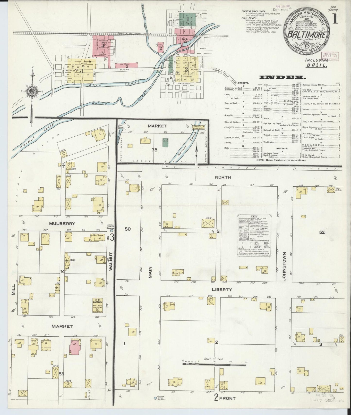Sanborn Fire Insurance Map from Baltimore, Fairfield County, Ohio (1910), Sheet #0001 - Historic Sanborn Fire Insurance Map Print, vintage old map wall art, antique decor, genealogy gift, Ohio Ohio map