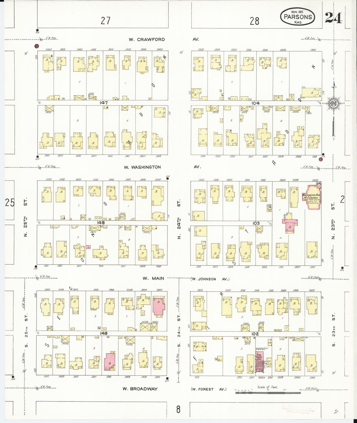 Sanborn Fire Insurance Map from Parsons, Labette County, Kansas (1911), Sheet #0024 - Complete Map Set gallery image, historic Sanborn map, vintage wall art, Kansas Kansas