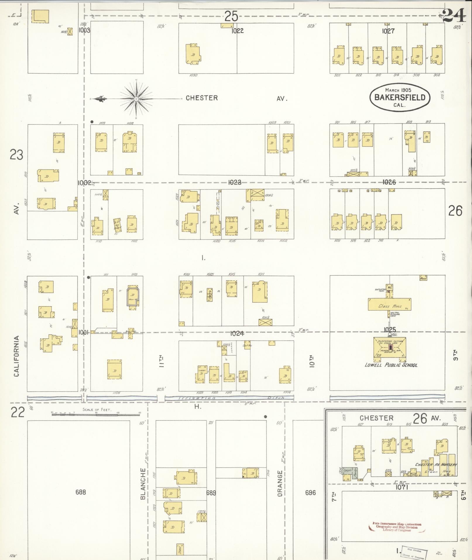 Sanborn Fire Insurance Map from Bakersfield, Kern County, California (1905), Sheet #0024 - Historic Sanborn Fire Insurance Map Print, vintage old map wall art, antique decor, genealogy gift, California California map