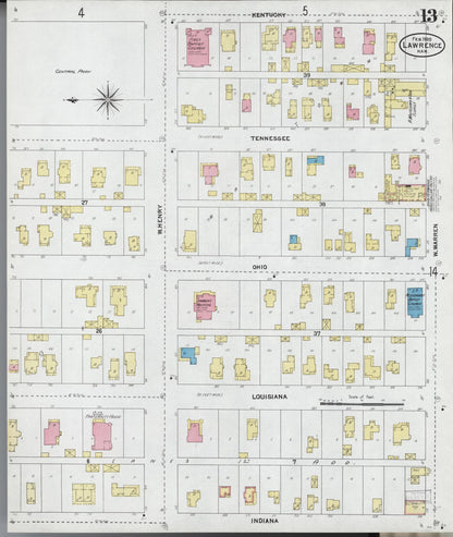 Sanborn Fire Insurance Map from Lawrence, Douglas County, Kansas (1905), Sheet #0013 - Complete Map Set gallery image, historic Sanborn map, vintage wall art, Kansas Kansas