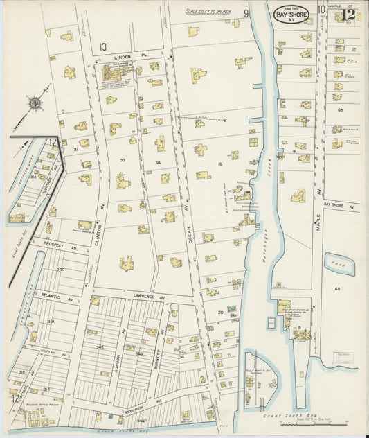 Sanborn Fire Insurance Map from Bay Shore, Suffolk County, New York (1915), Sheet #0012 - Historic Sanborn Fire Insurance Map Print, vintage old map wall art, antique decor, genealogy gift, New York New York map