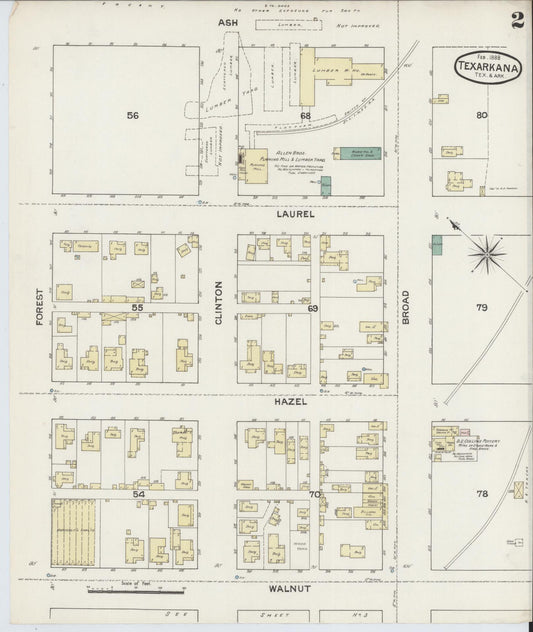 Sanborn Fire Insurance Map from Texarkana, Bowie County, Texas (1888), Sheet #0002 - Historic Sanborn Fire Insurance Map Print, vintage old map wall art, antique decor, genealogy gift, Texas Texas map