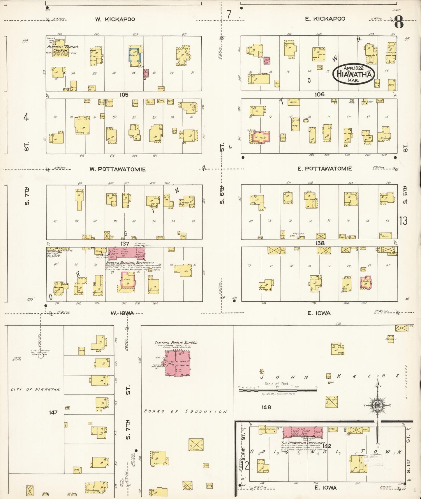 Sanborn Fire Insurance Map from Hiawatha, Brown County, Kansas (1922), Sheet #0008 - Complete Map Set gallery image, historic Sanborn map, vintage wall art, Kansas Kansas