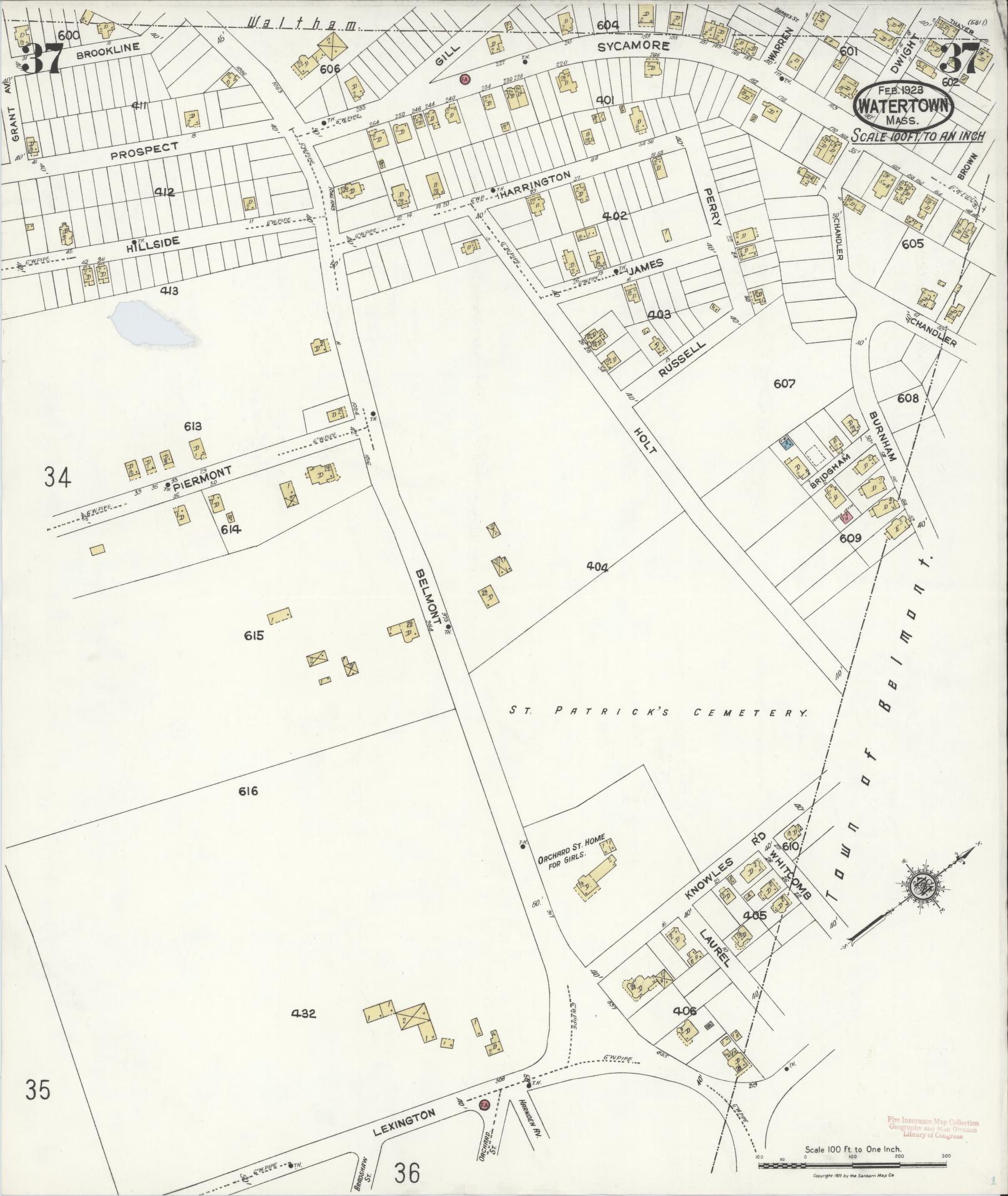 Sanborn Fire Insurance Map from Watertown, Middlesex County, Massachusetts (1923), Sheet #0037 - Complete Map Set gallery image, historic Sanborn map, vintage wall art, Massachusetts Massachusetts