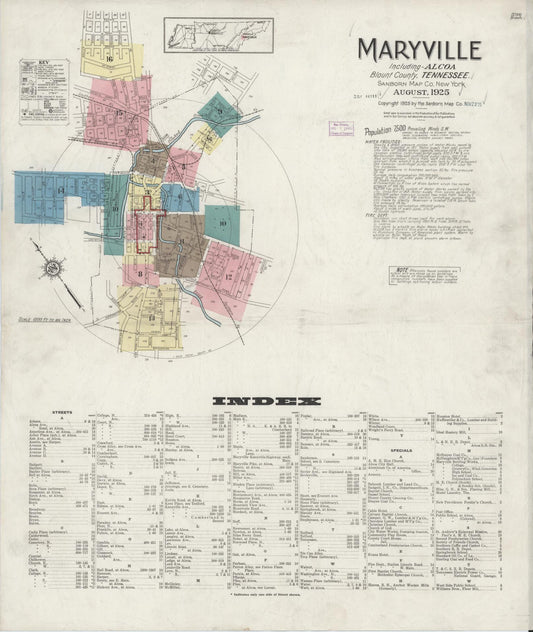 Sanborn Fire Insurance Map from Maryville, Blount County, Tennessee (1925), Sheet #0001 - Complete Map Set gallery image, historic Sanborn map, vintage wall art, Tennessee Tennessee