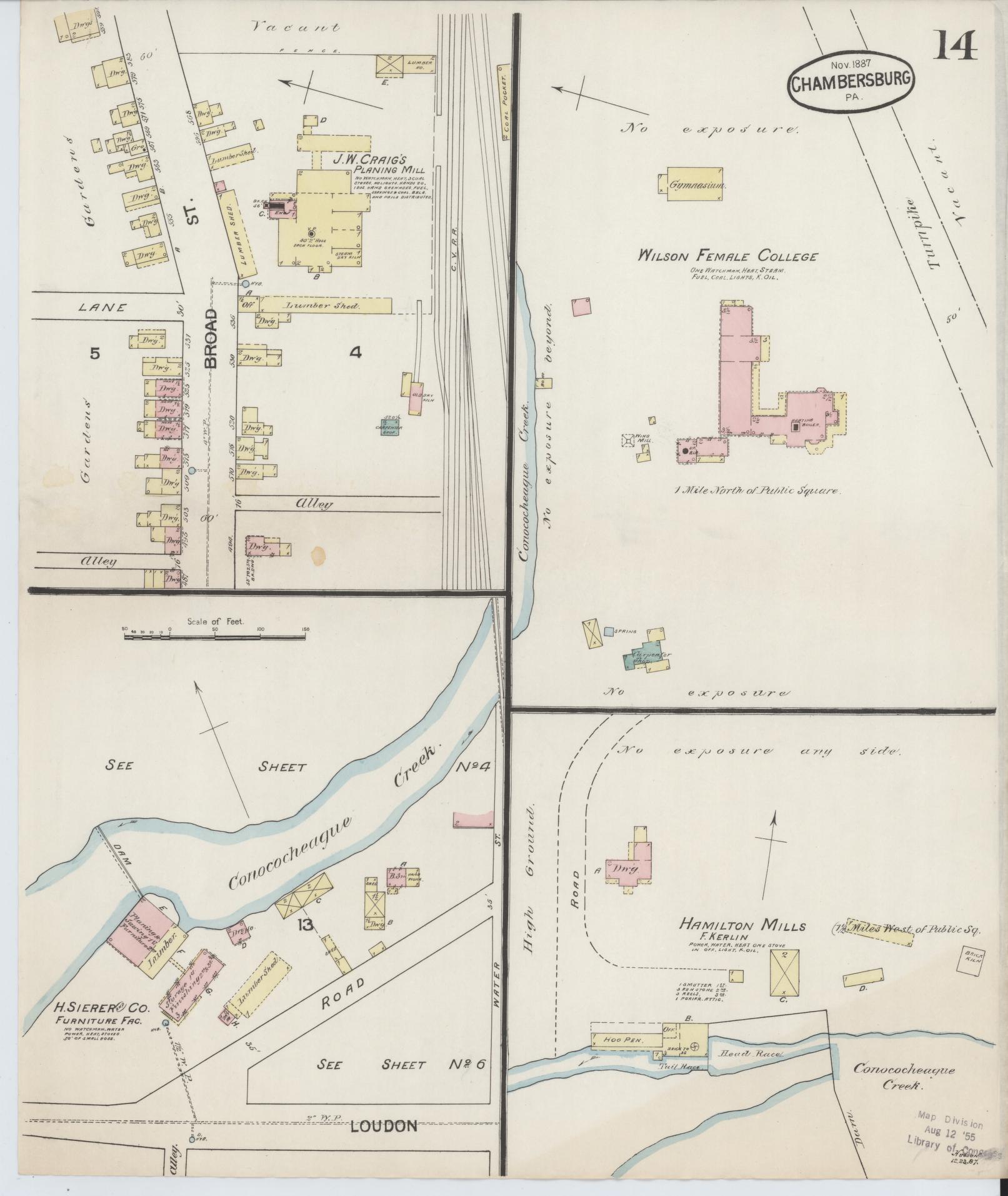 Sanborn Fire Insurance Map from Chambersburg, Franklin County, Pennsylvania (1887), Sheet #0014 - Historic Sanborn Fire Insurance Map Print, vintage old map wall art, antique decor, genealogy gift, Pennsylvania Pennsylvania map