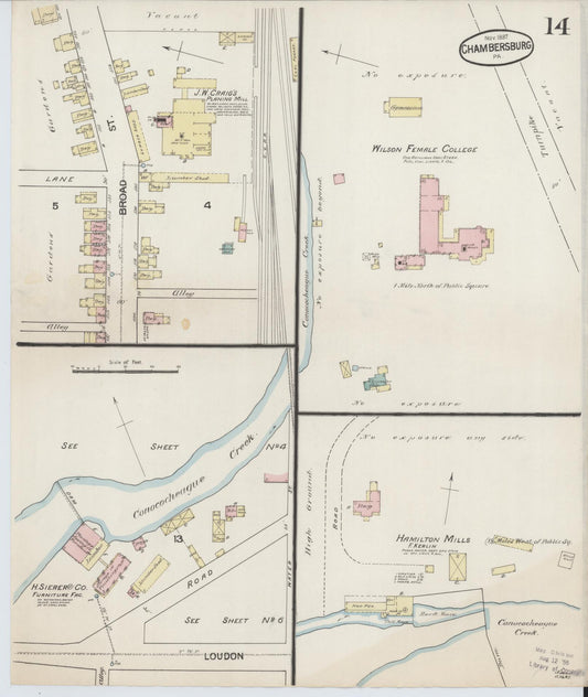 Sanborn Fire Insurance Map from Chambersburg, Franklin County, Pennsylvania (1887), Sheet #0014 - Historic Sanborn Fire Insurance Map Print, vintage old map wall art, antique decor, genealogy gift, Pennsylvania Pennsylvania map