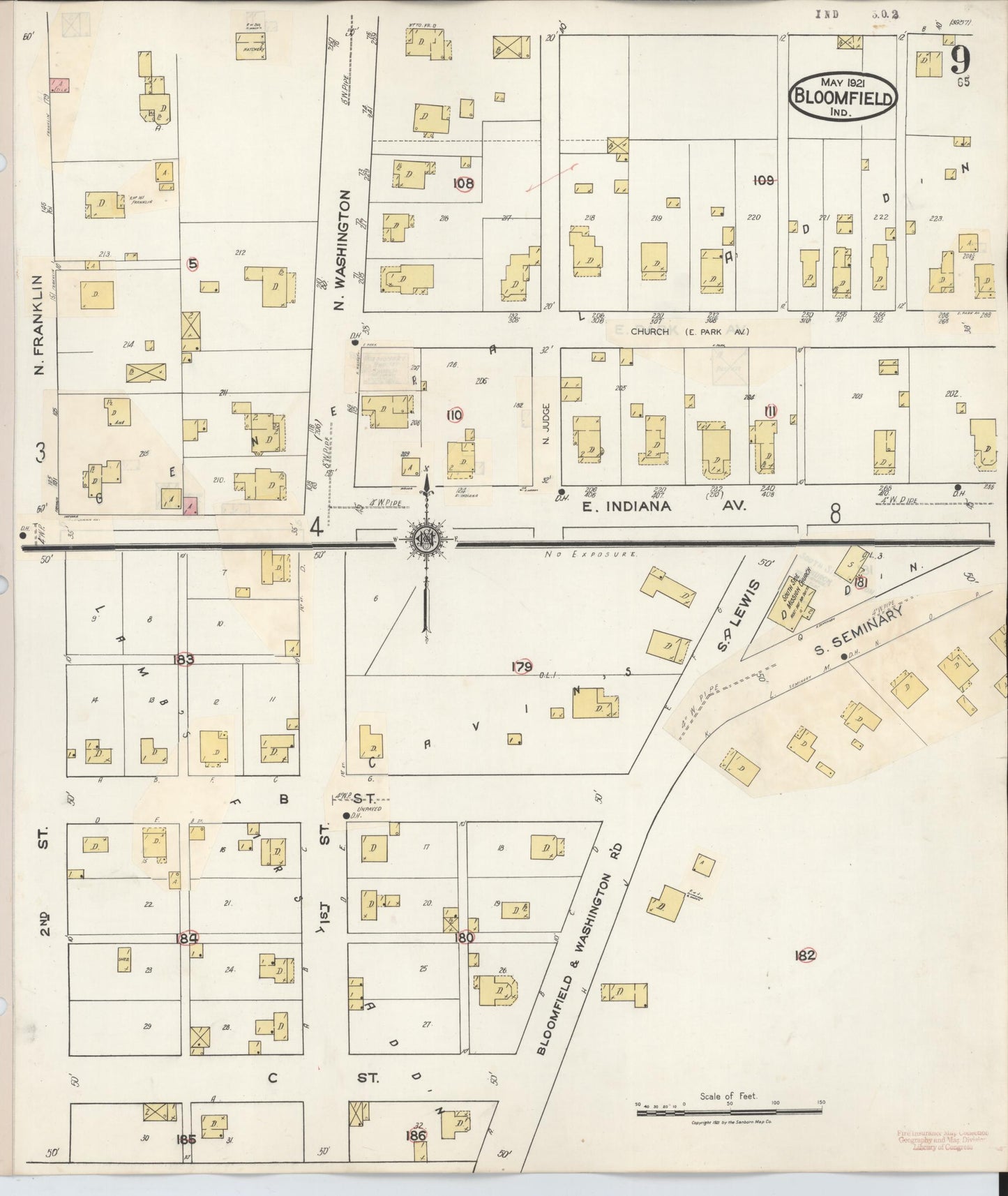 Sanborn Fire Insurance Map from Bloomfield, Greene County, Indiana (1940), Sheet #0009 - Complete Map Set gallery image, historic Sanborn map, vintage wall art, Indiana Indiana