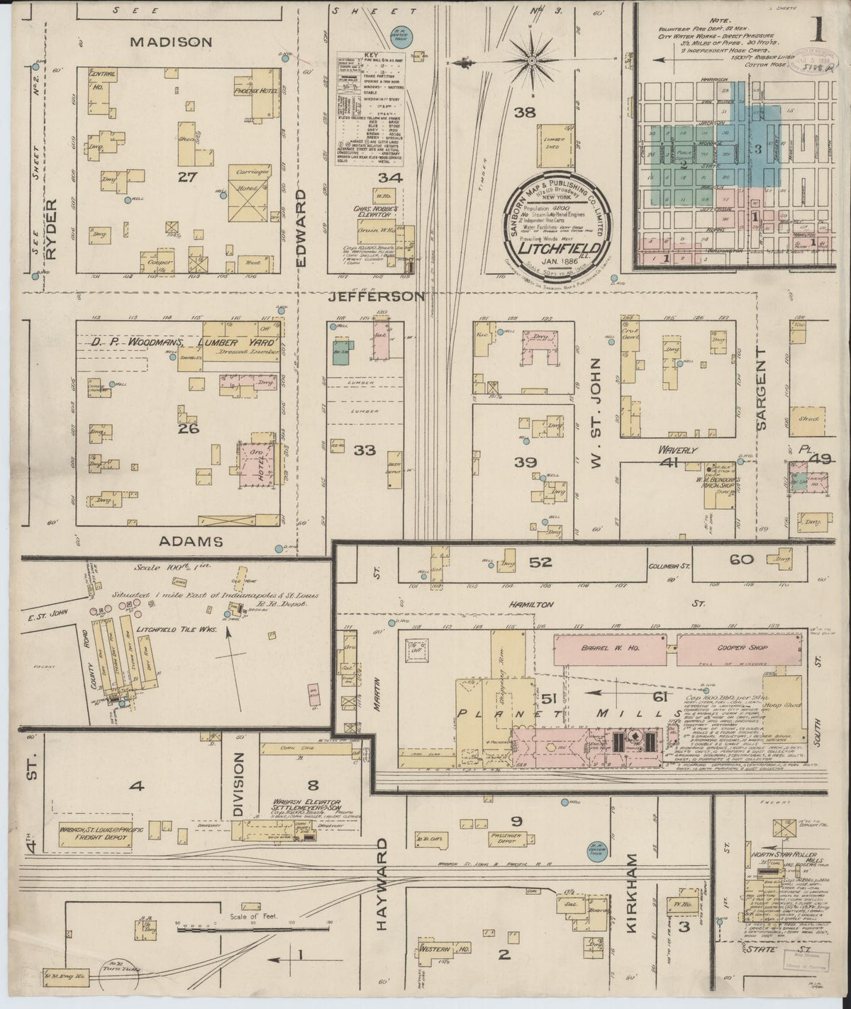 Sanborn Fire Insurance Map from Litchfield, Montgomery County, Illinois (1886), Sheet #0001 - Complete Map Set gallery image, historic Sanborn map, vintage wall art, Illinois Illinois