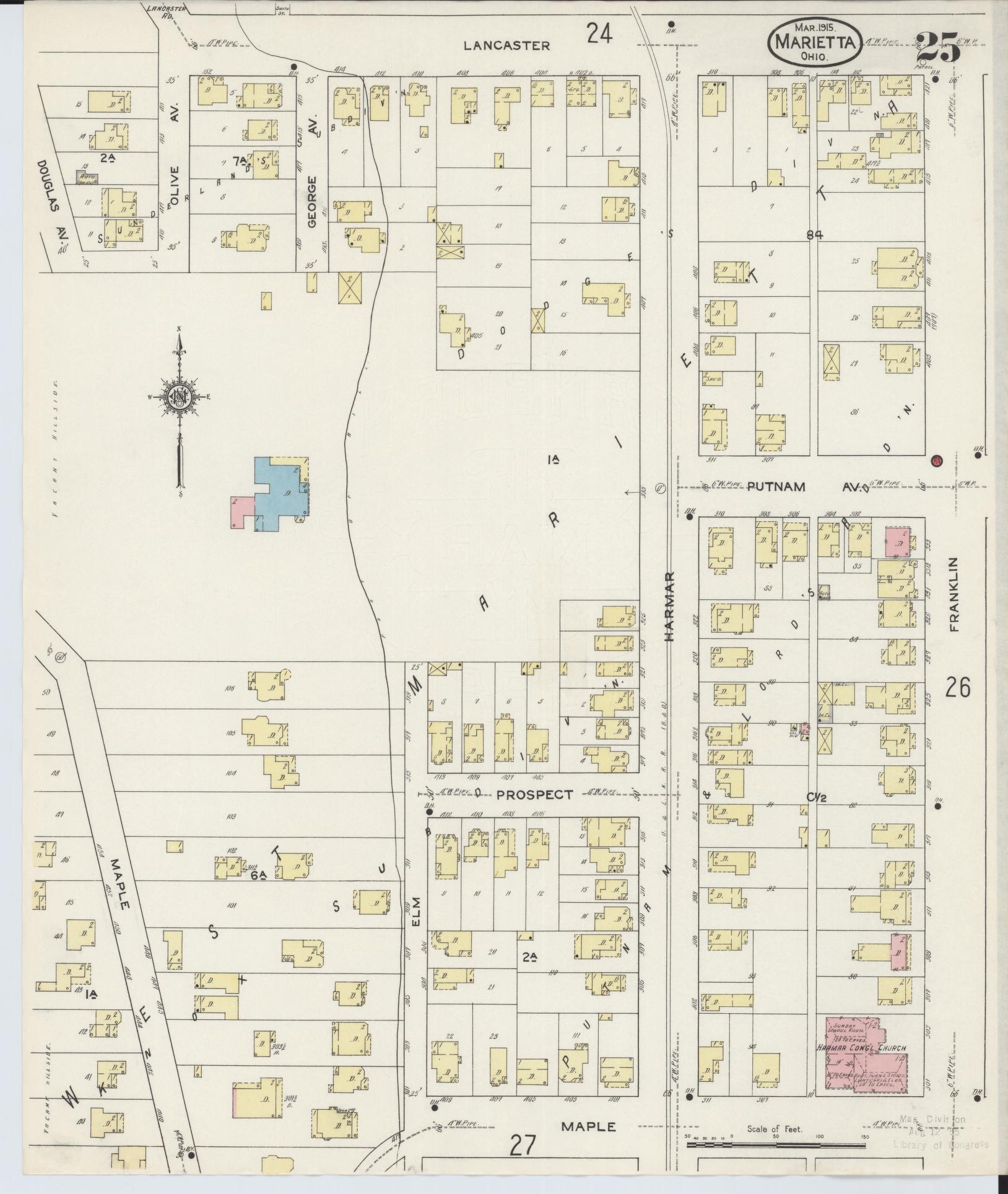 Sanborn Fire Insurance Map from Marietta, Washington County, Ohio (1915), Sheet #0025 - Historic Sanborn Fire Insurance Map Print, vintage old map wall art, antique decor, genealogy gift, Ohio Ohio map