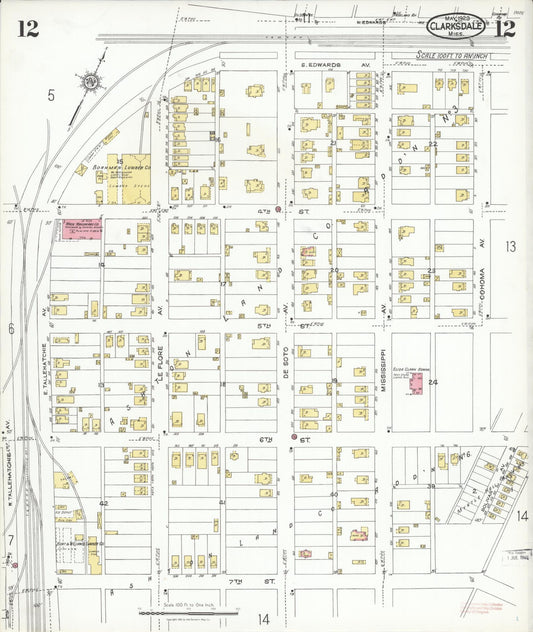 Sanborn Fire Insurance Map from Clarksdale, Coahoma County, Mississippi (1923), Sheet #0012 - Historic Sanborn Fire Insurance Map Print, vintage old map wall art, antique decor, genealogy gift, Mississippi Mississippi map