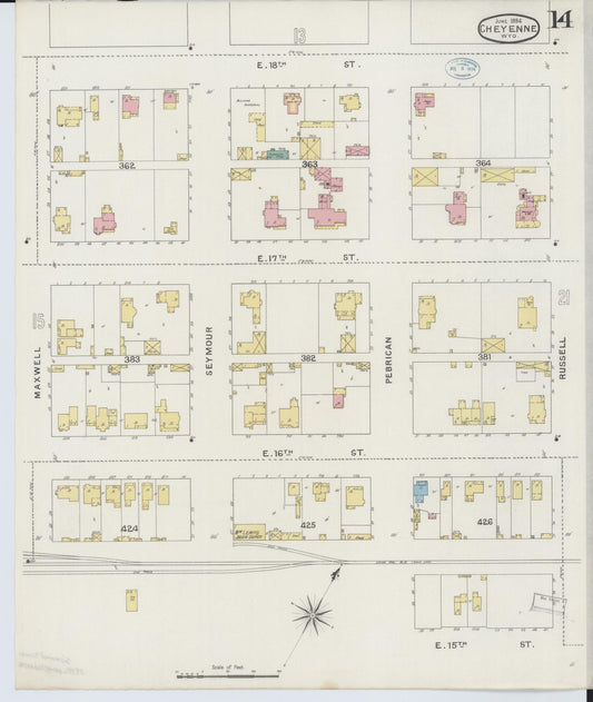 Sanborn Fire Insurance Map from Cheyenne, Laramie County, Wyoming (1894), Sheet #0014 - Historic Sanborn Fire Insurance Map Print, vintage old map wall art, antique decor, genealogy gift, Wyoming Wyoming map