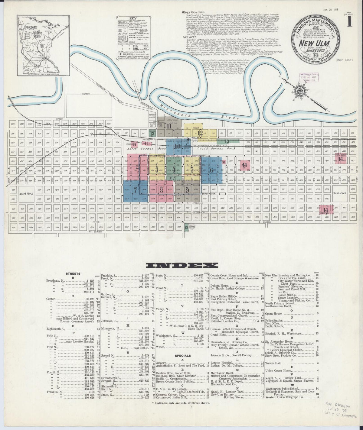 Sanborn Fire Insurance Map from New Ulm, Brown County, Minnesota (1913), Sheet #0001 - Complete Map Set gallery image, historic Sanborn map, vintage wall art, Minnesota Minnesota