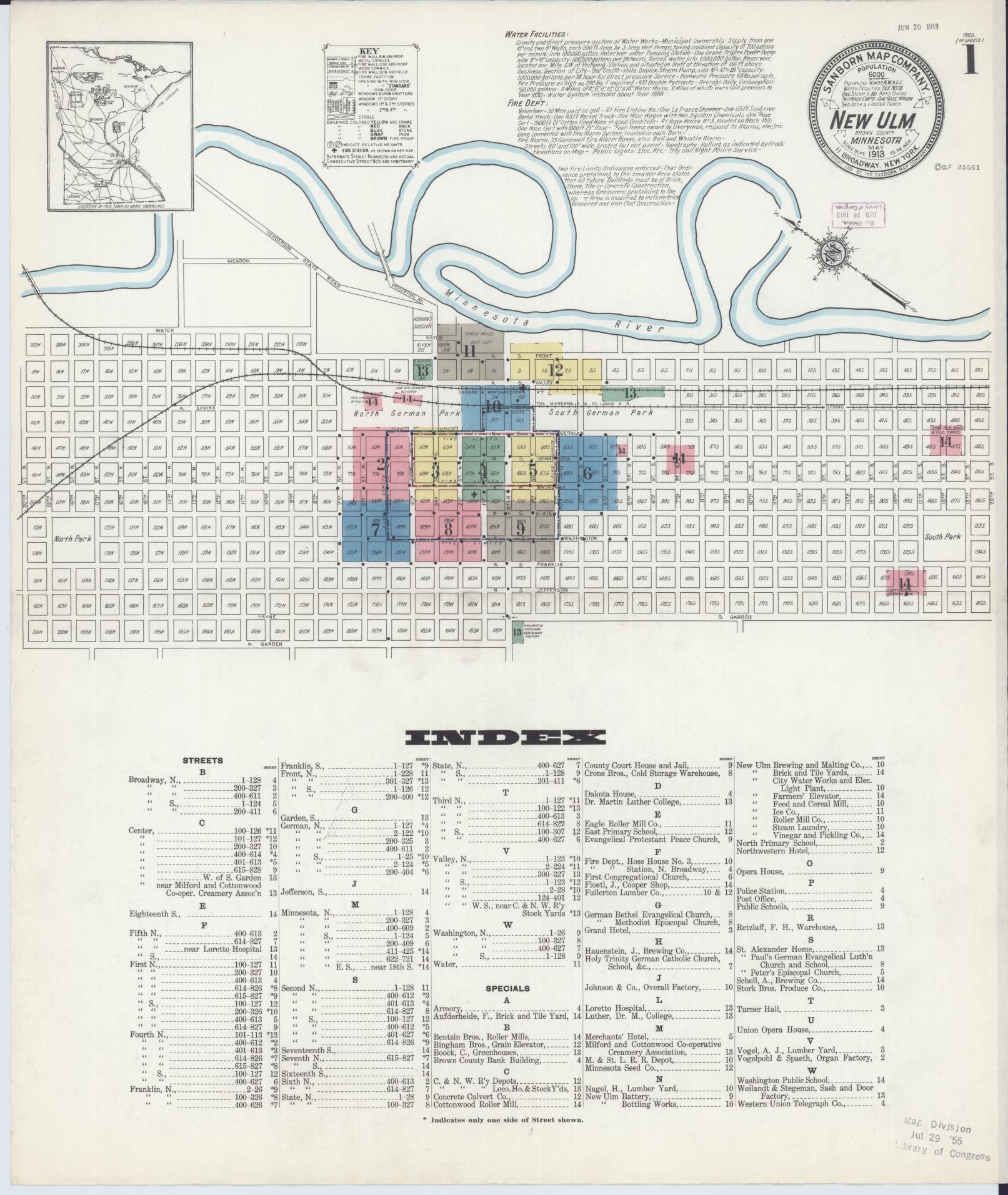 Sanborn Fire Insurance Map from New Ulm, Brown County, Minnesota (1913), Sheet #0001 - Complete Map Set gallery image, historic Sanborn map, vintage wall art, Minnesota Minnesota