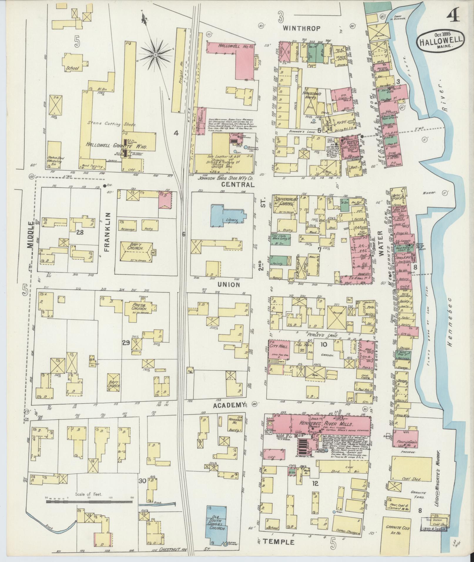 Sanborn Fire Insurance Map from Hallowell, Kennebec County, Maine (1895), Sheet #0004 - Complete Map Set gallery image, historic Sanborn map, vintage wall art, Maine Maine