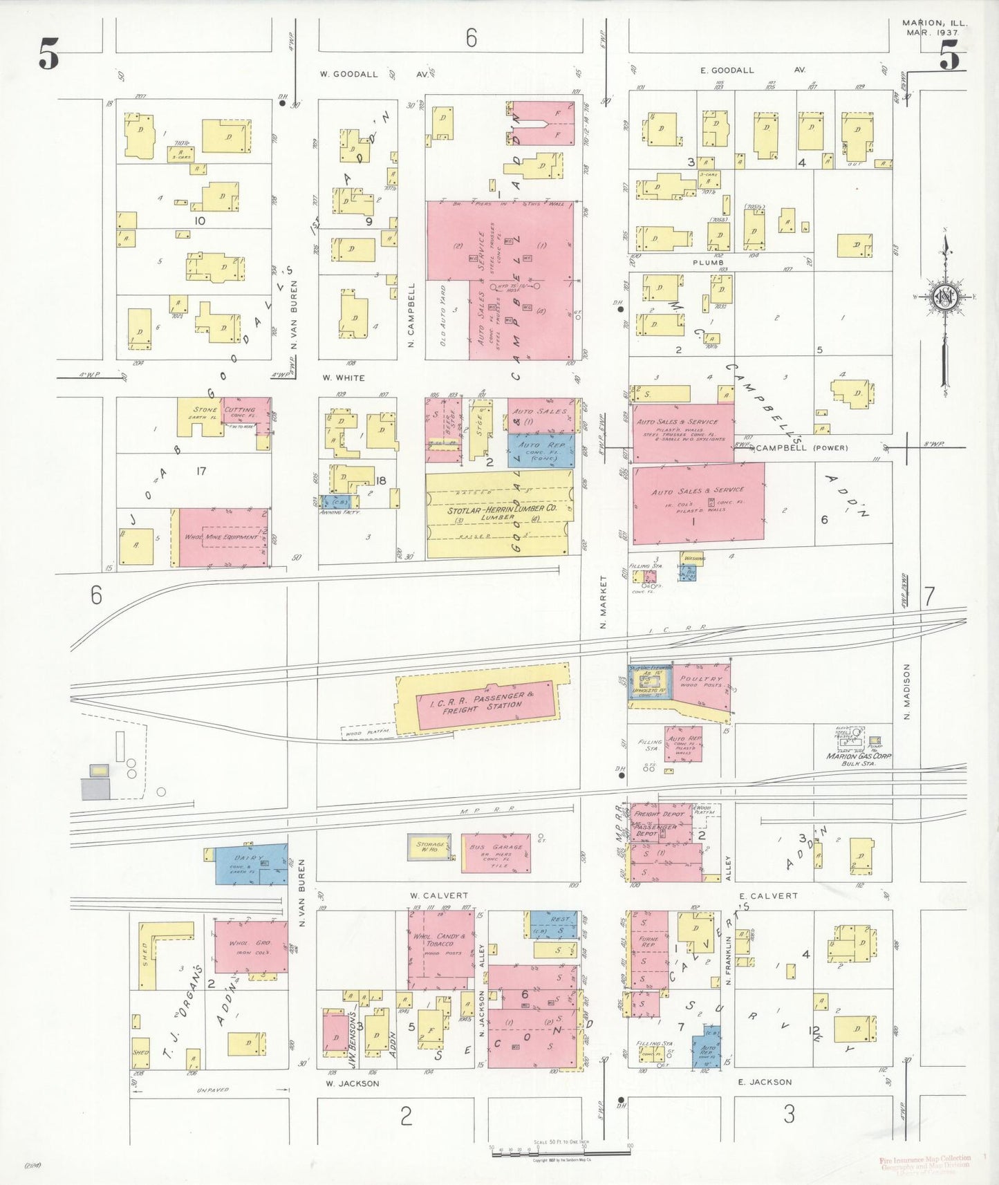 Sanborn Fire Insurance Map from Marion, Williamson County, Illinois (1937), Sheet #0005 - Complete Map Set gallery image, historic Sanborn map, vintage wall art, Illinois Illinois