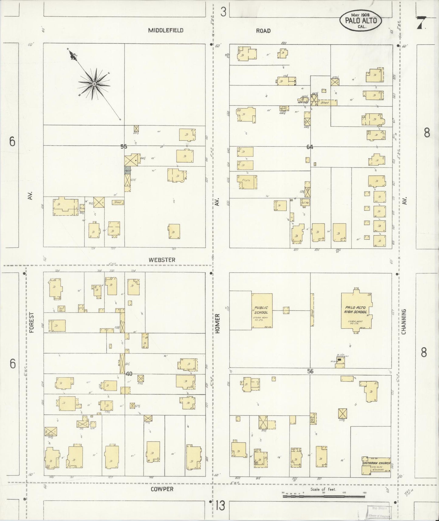 Sanborn Fire Insurance Map from Palo Alto, Santa Clara County, California (1908), Sheet #0007 - Complete Map Set gallery image, historic Sanborn map, vintage wall art, California California