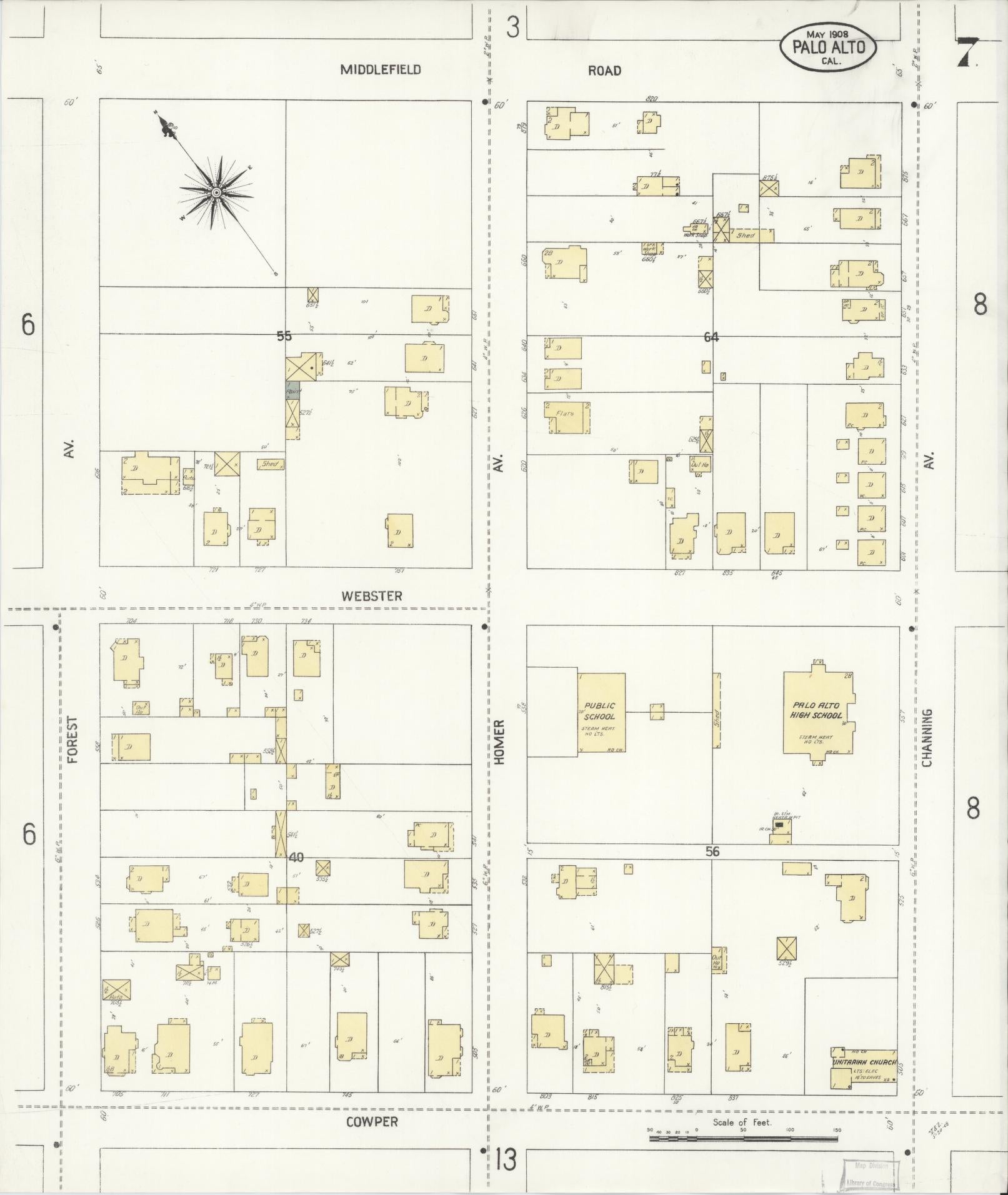 Sanborn Fire Insurance Map from Palo Alto, Santa Clara County, California (1908), Sheet #0007 - Complete Map Set gallery image, historic Sanborn map, vintage wall art, California California