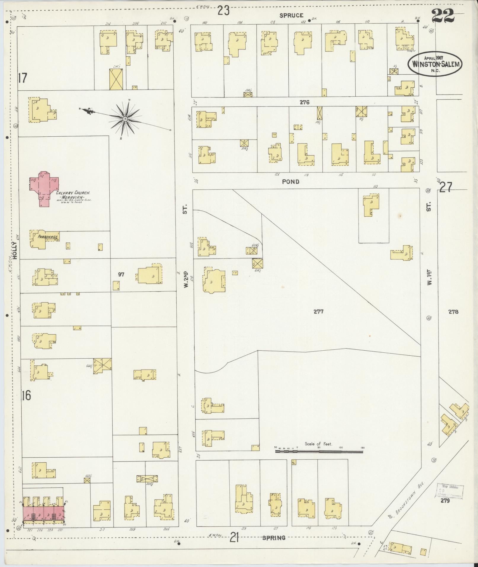 Sanborn Fire Insurance Map from Winston-Salem, Forsyth County, North Carolina (1907), Sheet #0022 - Historic Sanborn Fire Insurance Map Print, vintage old map wall art, antique decor, genealogy gift, North Carolina North Carolina map