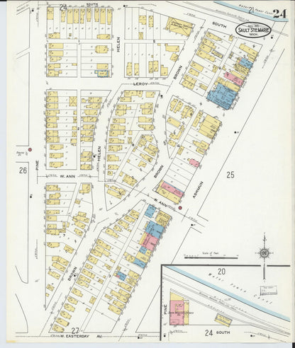 Sanborn Fire Insurance Map from Sault Sainte Marie, Chippewa County, Michigan (1915), Sheet #0024 - Historic Sanborn Fire Insurance Map Print, vintage old map wall art, antique decor, genealogy gift, Michigan Michigan map