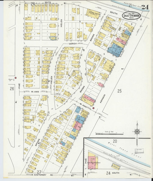 Sanborn Fire Insurance Map from Sault Sainte Marie, Chippewa County, Michigan (1915), Sheet #0024 - Historic Sanborn Fire Insurance Map Print, vintage old map wall art, antique decor, genealogy gift, Michigan Michigan map