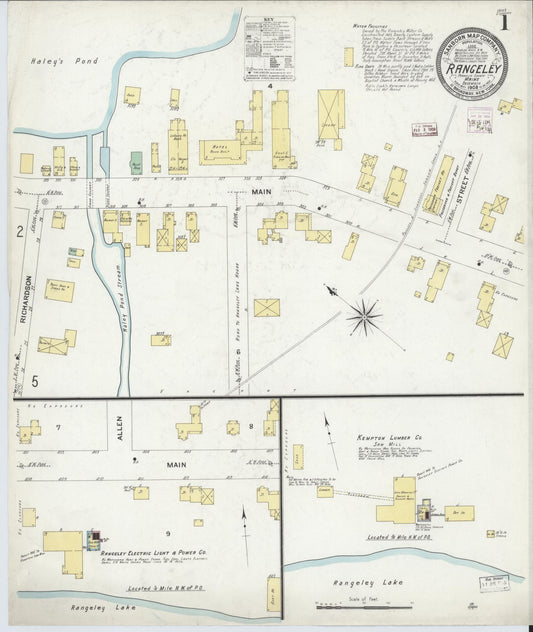 Sanborn Fire Insurance Map from Rangeley, Franklin County, Maine (1908), Sheet #0001 - Historic Sanborn Fire Insurance Map Print, vintage old map wall art, antique decor, genealogy gift, Maine Maine map