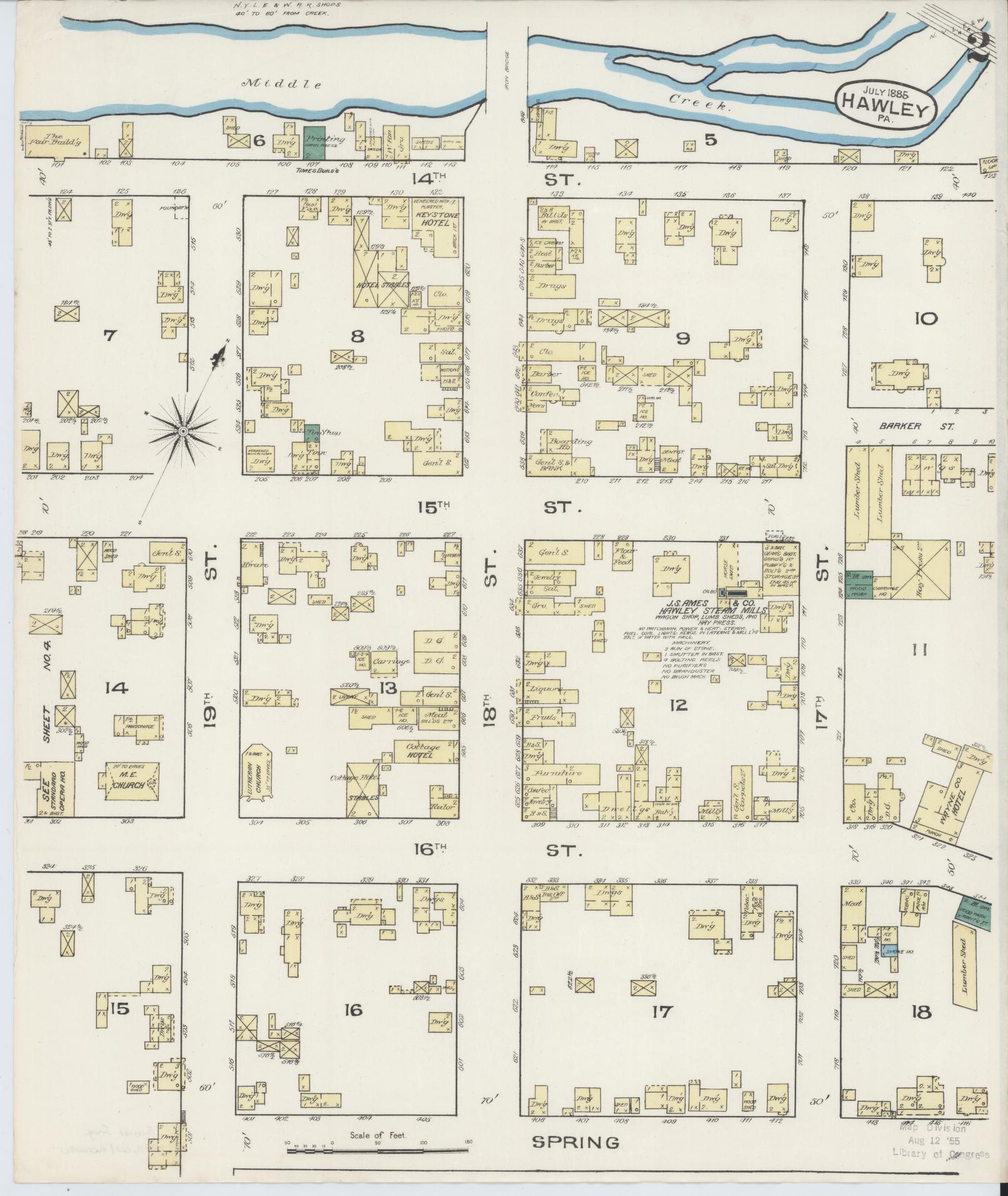 Sanborn Fire Insurance Map from Hawley, Wayne County, Pennsylvania (1885), Sheet #0002 - Complete Map Set gallery image, historic Sanborn map, vintage wall art, Pennsylvania Pennsylvania