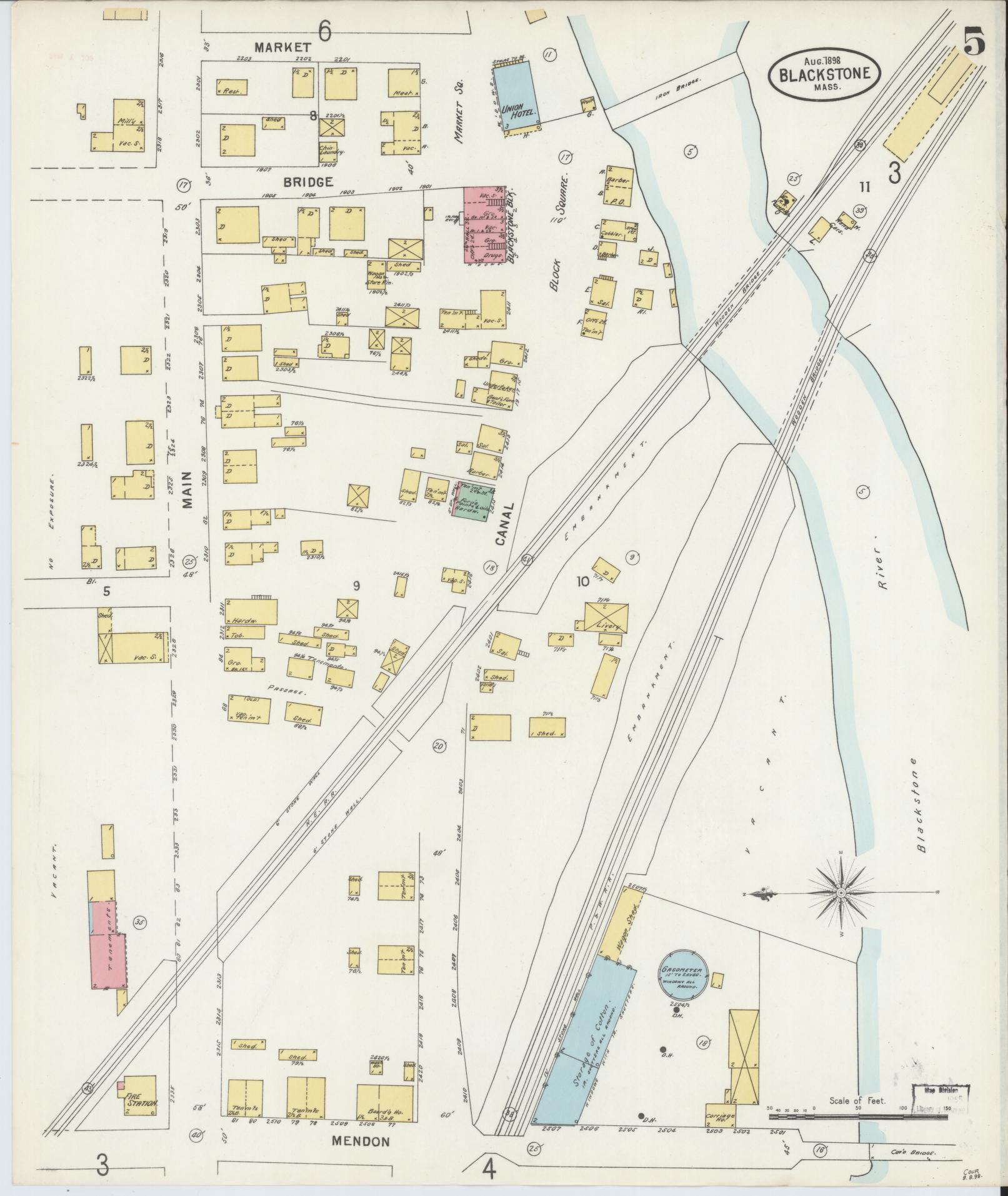 Sanborn Fire Insurance Map from Blackstone, Worcester County, Massachusetts (1898), Sheet #0005 - Complete Map Set gallery image, historic Sanborn map, vintage wall art, Massachusetts Massachusetts