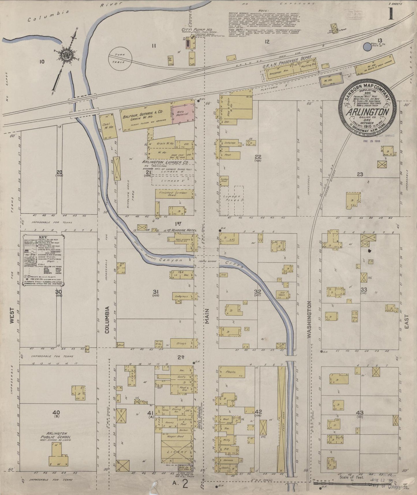Sanborn Fire Insurance Map from Arlington, Gilliam County, Oregon (1910), Sheet #0001 - Complete Map Set gallery image, historic Sanborn map, vintage wall art, Oregon Oregon