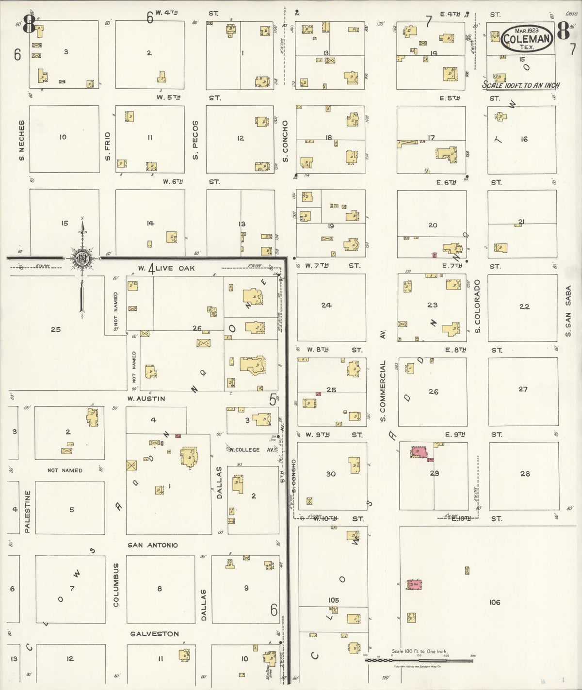 Sanborn Fire Insurance Map from Coleman, Coleman County, Texas (1923), Sheet #0008 - Complete Map Set gallery image, historic Sanborn map, vintage wall art, Texas Texas