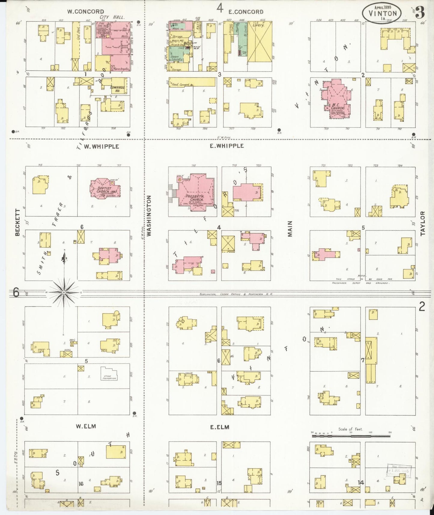 Sanborn Fire Insurance Map from Vinton, Benton County, Iowa (1899), Sheet #0003 - Historic Sanborn Fire Insurance Map Print, vintage old map wall art