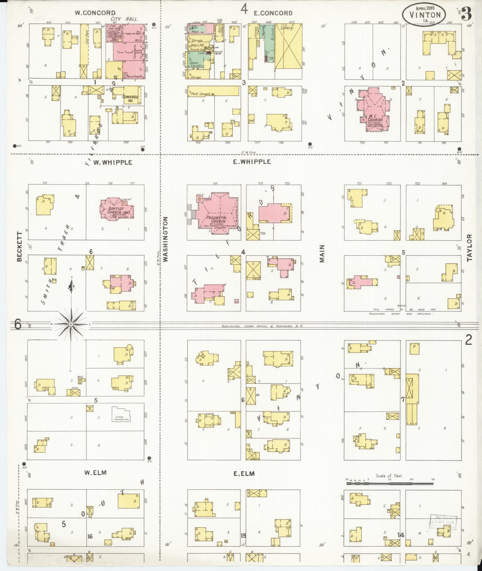 Sanborn Fire Insurance Map from Vinton, Benton County, Iowa (1899), Sheet #0003 - Historic Sanborn Fire Insurance Map Print, vintage old map wall art