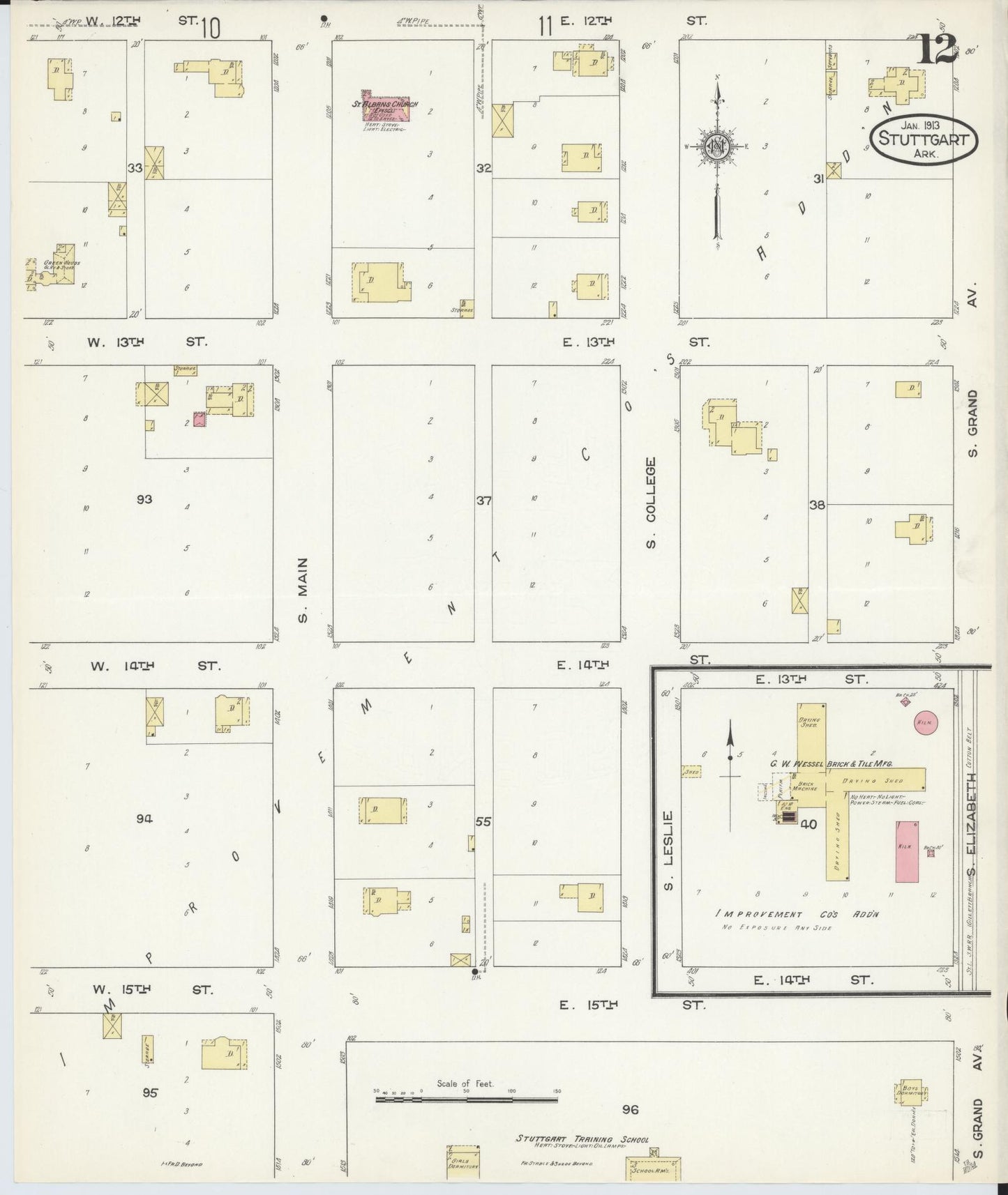 Sanborn Fire Insurance Map from Stuttgart, Arkansas County, Arkansas (1913), Sheet #0012 - Historic Sanborn Fire Insurance Map Print, vintage old map wall art, antique decor, genealogy gift, Stuttgart Arkansas map