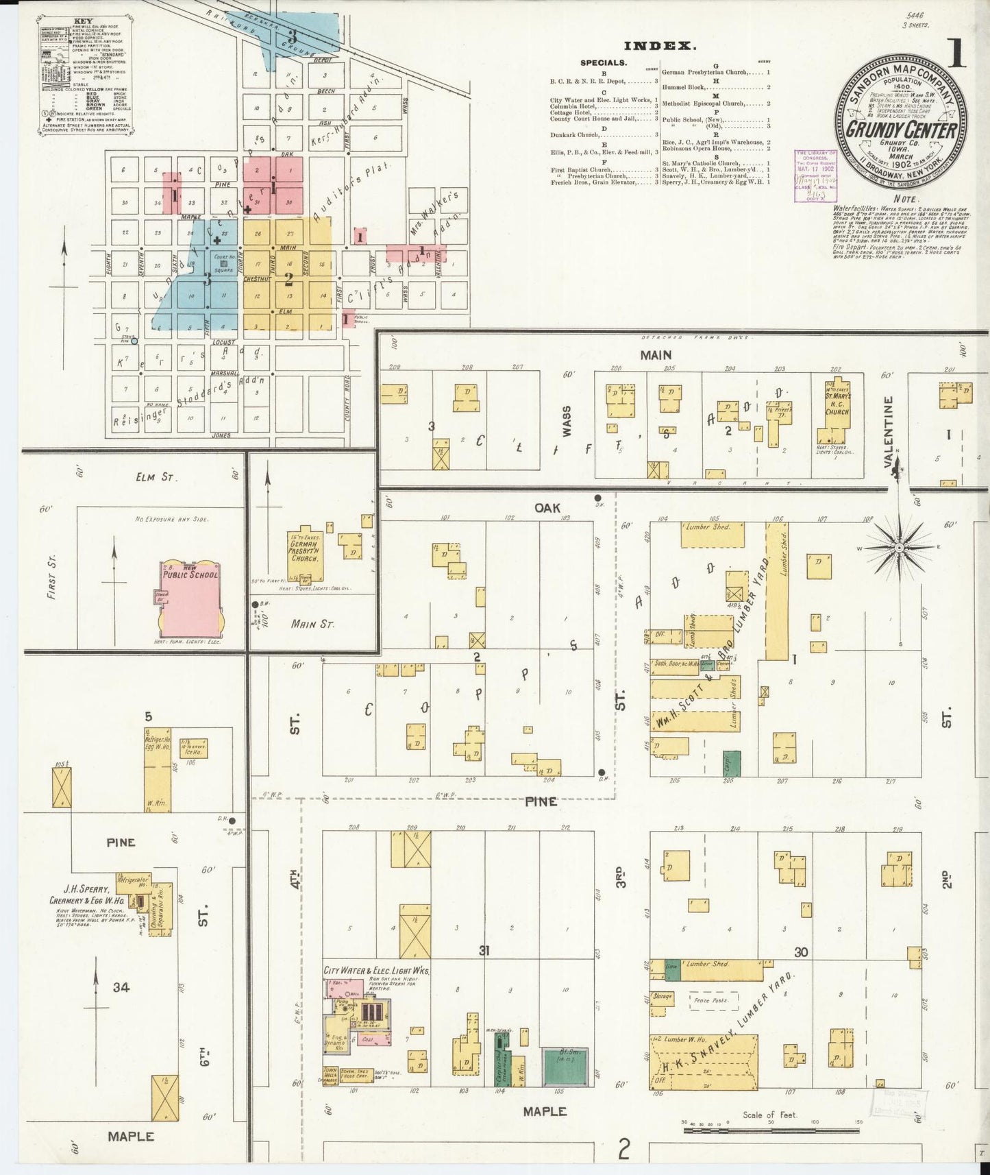 Sanborn Fire Insurance Map from Grundy Center, Grundy County, Iowa (1902), Sheet #0001 - Historic Sanborn Fire Insurance Map Print, vintage old map wall art