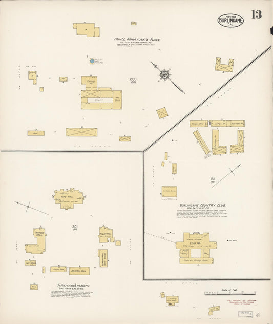Sanborn Fire Insurance Map from Burlingame, San Mateo County, California (1913), Sheet #0013 - Historic Sanborn Fire Insurance Map Print, vintage old map wall art, antique decor, genealogy gift, California California map