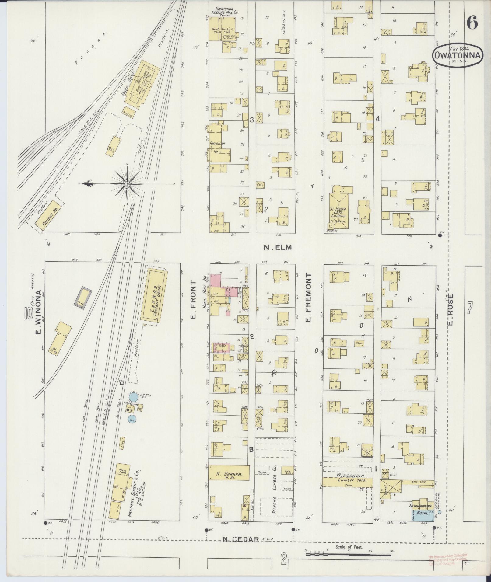 Sanborn Fire Insurance Map from Owatonna, Steele County, Minnesota (1894), Sheet #0006 - Historic Sanborn Fire Insurance Map Print, vintage old map wall art, antique decor, genealogy gift, Minnesota Minnesota map