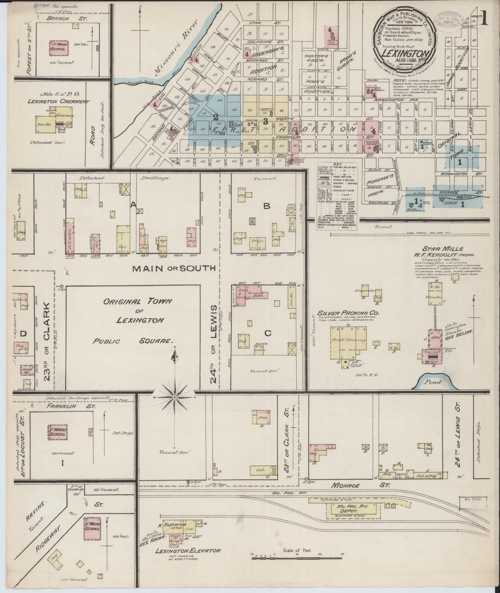 Sanborn Fire Insurance Map from Lexington, Lafayette County, Missouri (1885), Sheet #0001 - Complete Map Set gallery image, historic Sanborn map, vintage wall art, Missouri Missouri