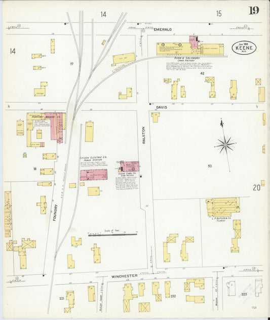 Sanborn Fire Insurance Map from Keene, Cheshire County, New Hampshire (1908), Sheet #0019 - Historic Sanborn Fire Insurance Map Print, vintage old map wall art, antique decor, genealogy gift, New Hampshire New Hampshire map